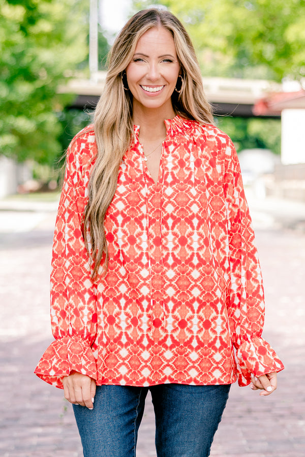 Chic Soul plus size clothing, rust red and orange abstract print long sleeve top