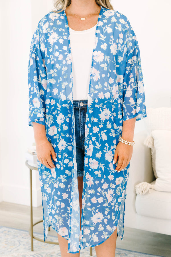 blue kimono with white floral pattern