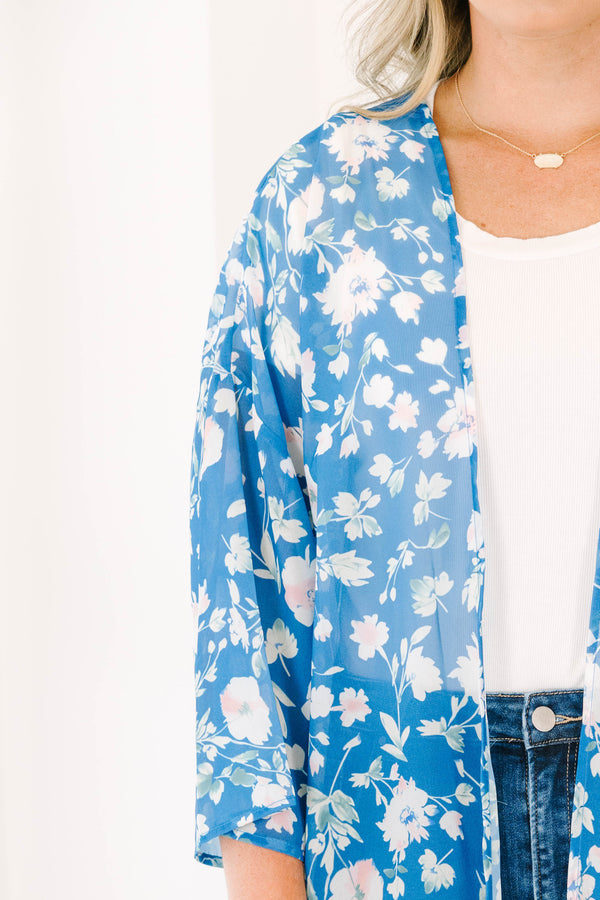 blue kimono with white floral pattern