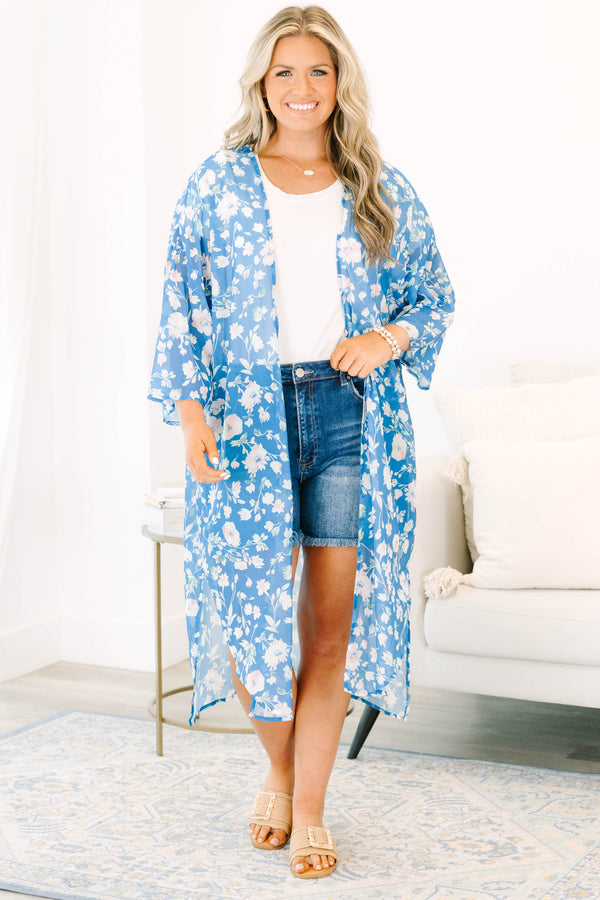 blue kimono with white floral pattern