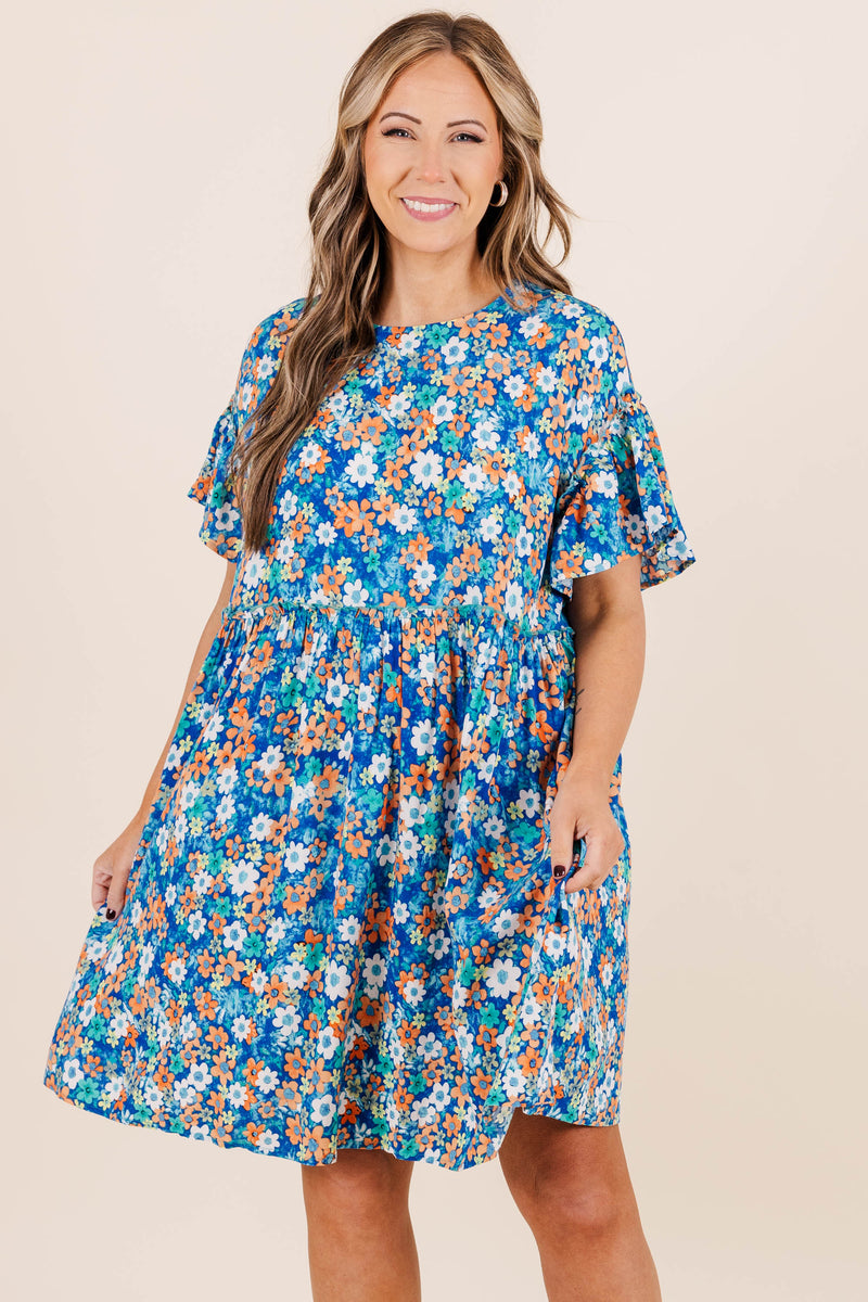 flowy babydoll dress Mini Nice gift dress for women.High quality manufacturing.Breathable and lightweight fabric for comfortable wearing in summer Fire Flower Babydoll Dress, Blue