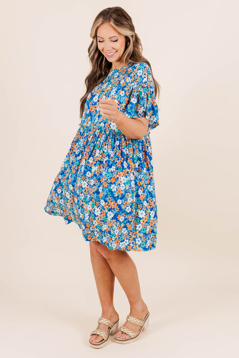 Women's Fire Flower Babydoll Top Dress, Blue