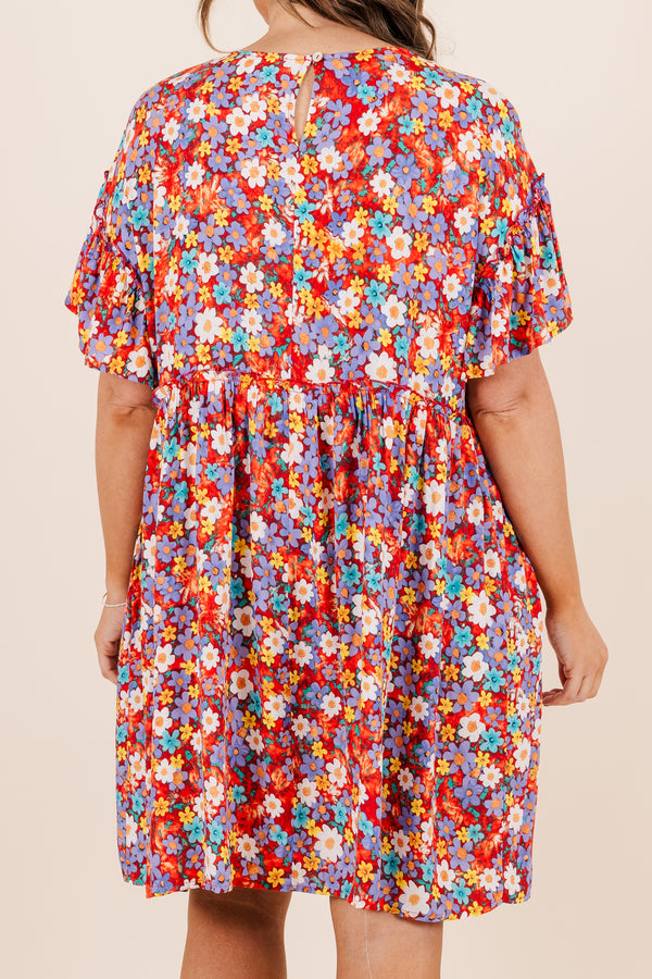 Chic Soul plus size clothing, flowy red short sleeve dress with multi-colored flowers