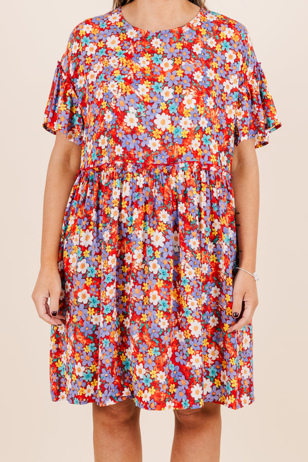 Chic Soul plus size clothing, flowy red short sleeve dress with multi-colored flowers