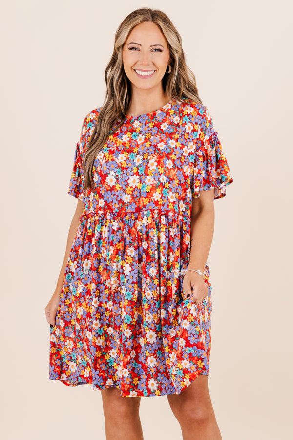 Chic Soul plus size clothing, flowy red short sleeve dress with multi-colored flowers