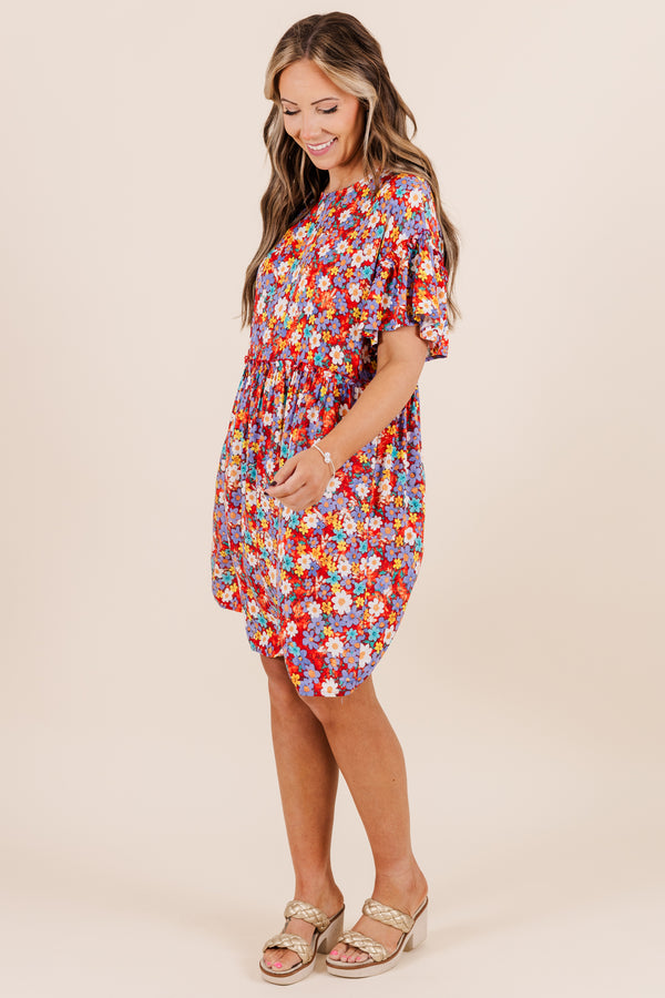 Chic Soul plus size clothing, flowy red short sleeve dress with multi-colored flowers
