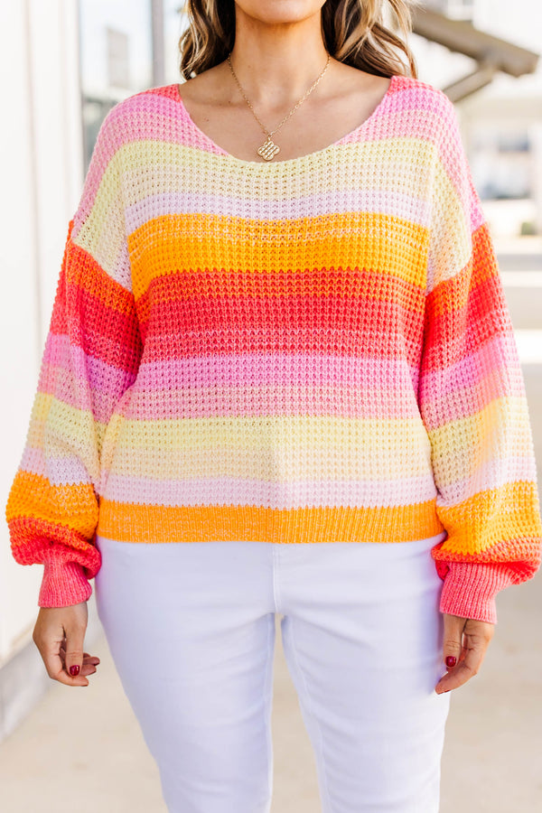 Chic Soul plus size clothing, yellow knit sweater with pink/red/orange/yellow stripes