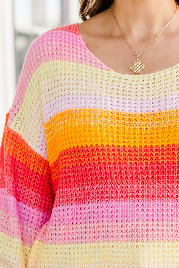 Chic Soul plus size clothing, yellow knit sweater with pink/red/orange/yellow stripes