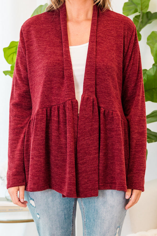 Chic Soul plus size clothing, long-sleeve burgundy ruffled baby doll cardigan 