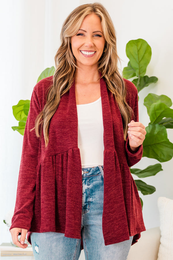 Chic Soul plus size clothing, long-sleeve burgundy ruffled baby doll cardigan 