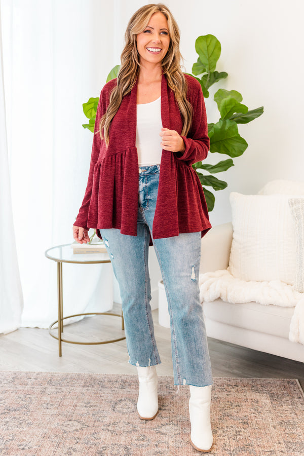 Chic Soul plus size clothing, long-sleeve burgundy ruffled baby doll cardigan 