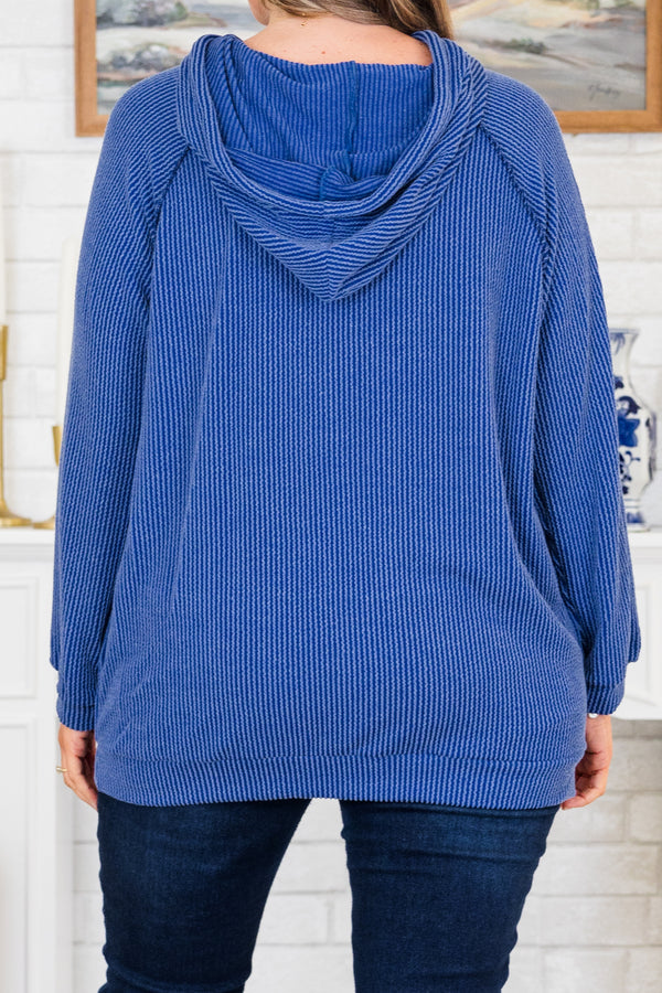 Chic Soul plus size clothing, indigo blue ribbed hoodie with cuffed sleeves and a front pouch pocket