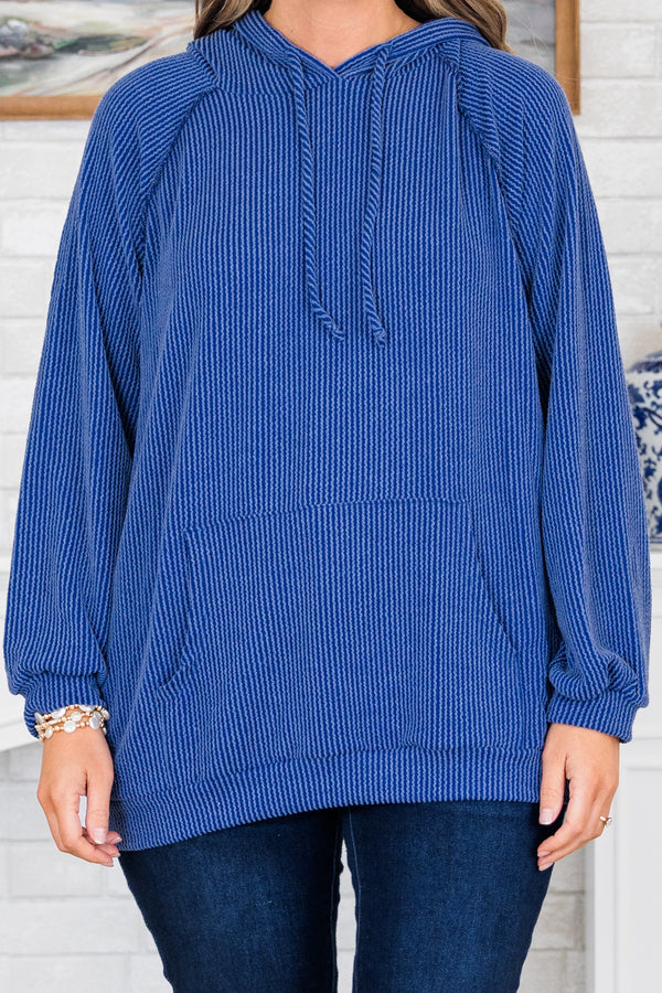 Chic Soul plus size clothing, indigo blue ribbed hoodie with cuffed sleeves and a front pouch pocket
