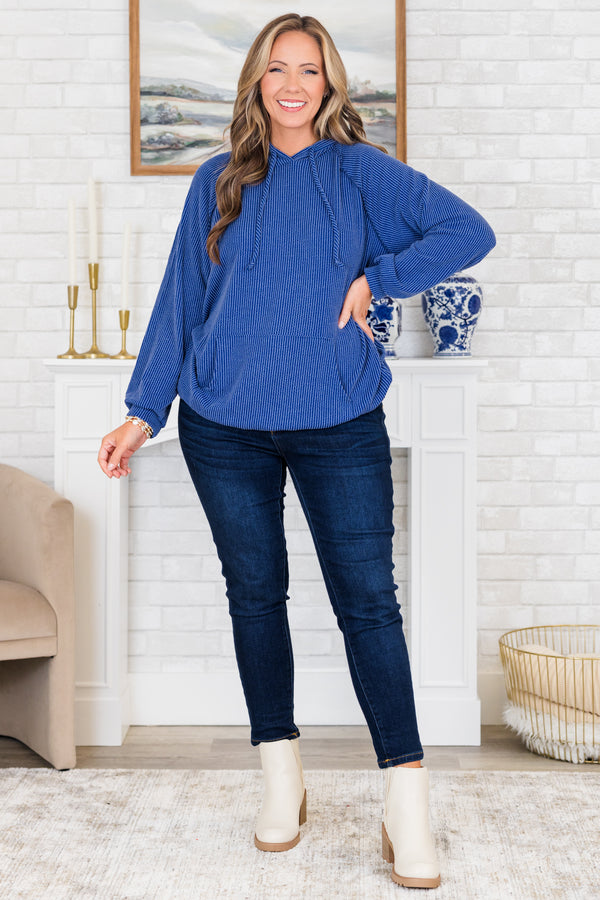 Chic Soul plus size clothing, indigo blue ribbed hoodie with cuffed sleeves and a front pouch pocket