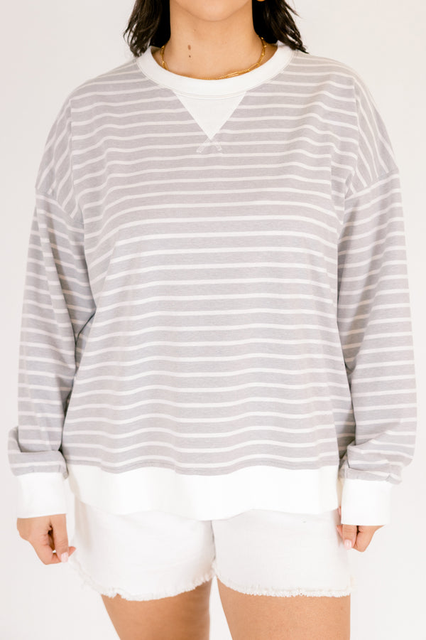 Chic Soul plus size clothing, light grey long sleeve crew neck pullover with thin white horizontal striping and white trim around the collar and hem