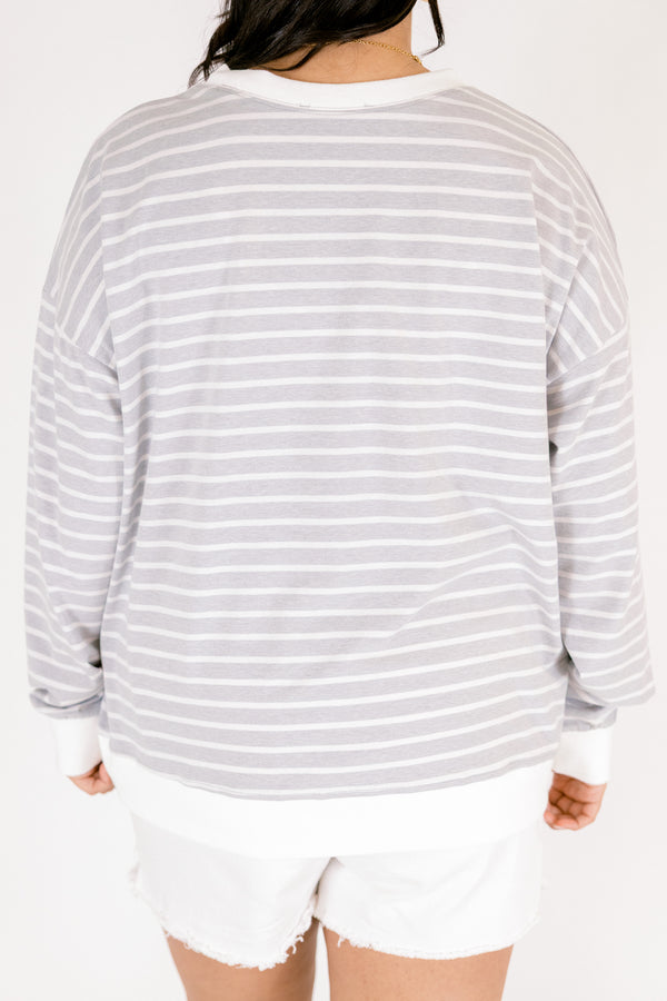 Chic Soul plus size clothing, light grey long sleeve crew neck pullover with thin white horizontal striping and white trim around the collar and hem