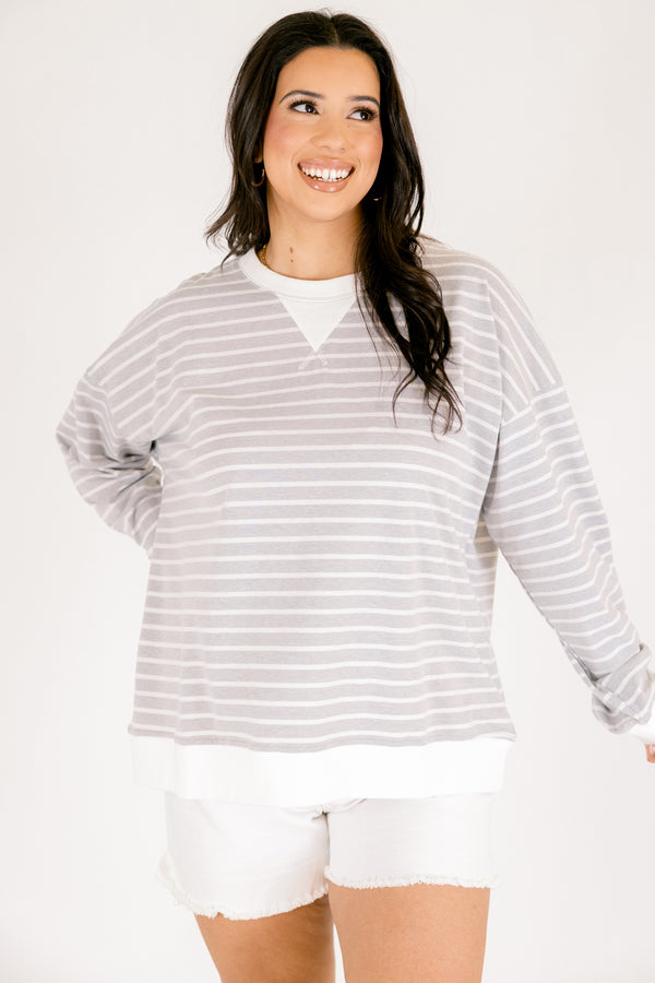 Chic Soul plus size clothing, light grey long sleeve crew neck pullover with thin white horizontal striping and white trim around the collar and hem