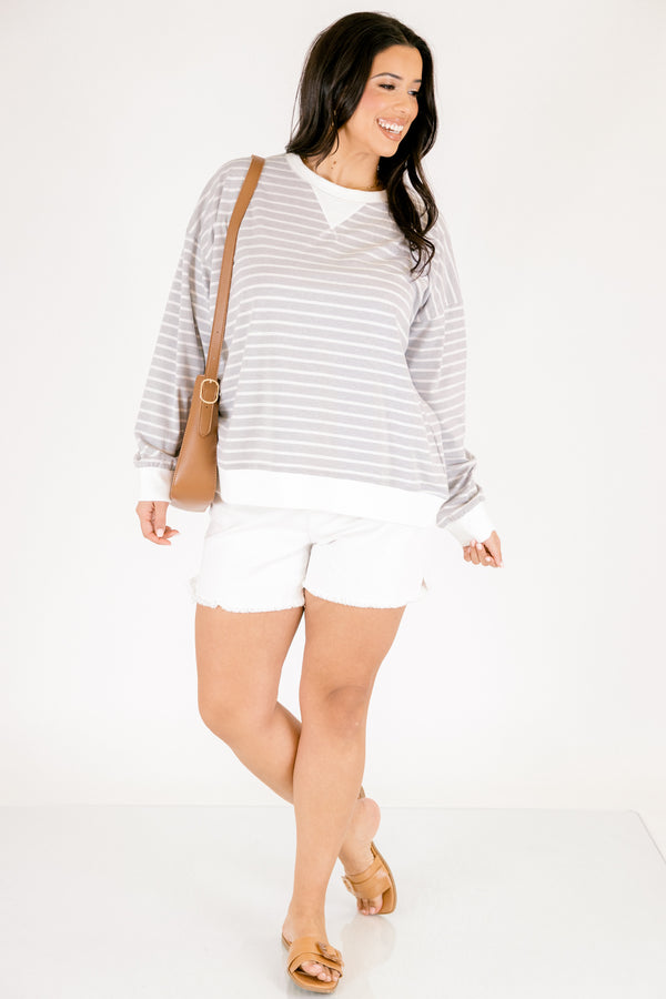 Chic Soul plus size clothing, light grey long sleeve crew neck pullover with thin white horizontal striping and white trim around the collar and hem