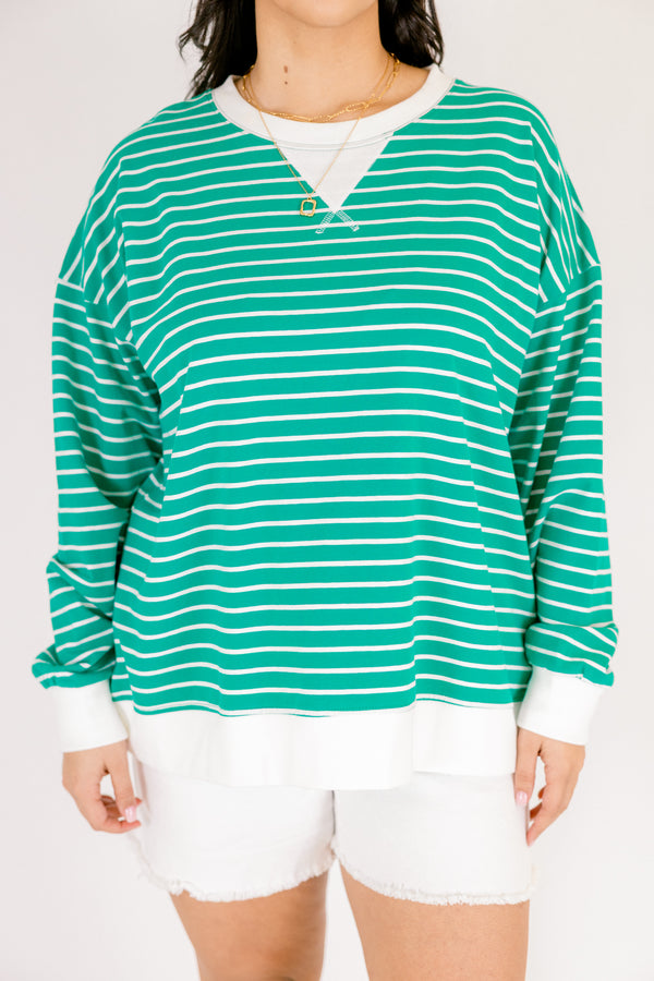 Chic Soul plus size clothing, green and white horizontal stripe pullover
