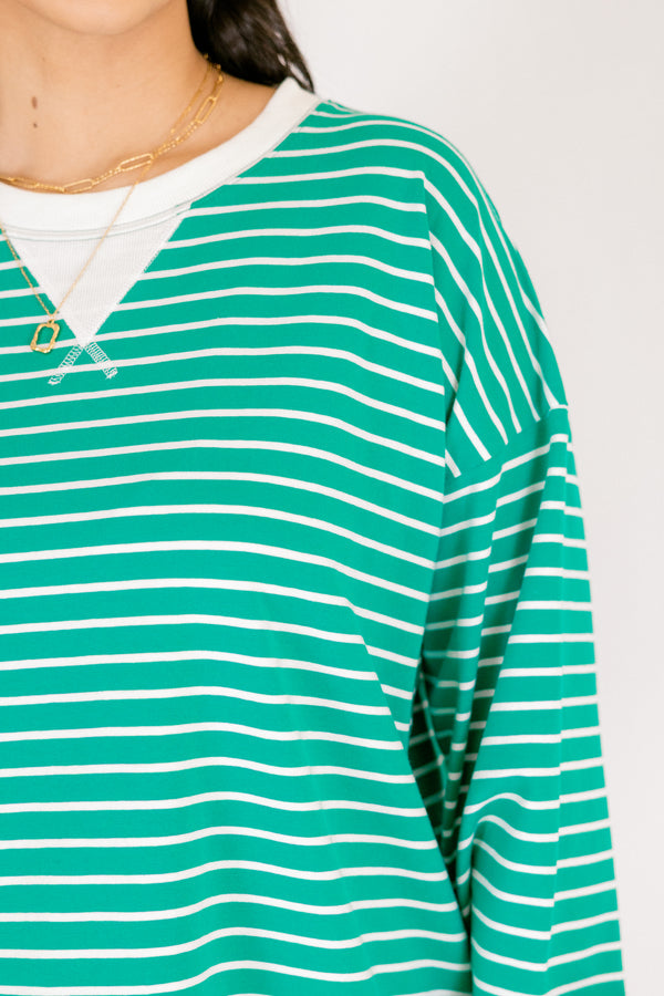 Chic Soul plus size clothing, green and white horizontal stripe pullover