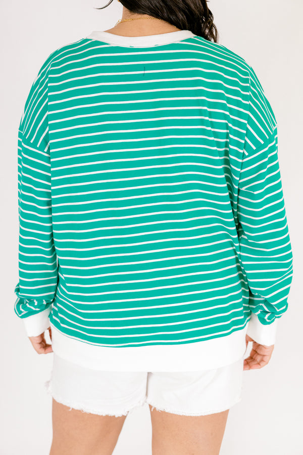 Chic Soul plus size clothing, green and white horizontal stripe pullover