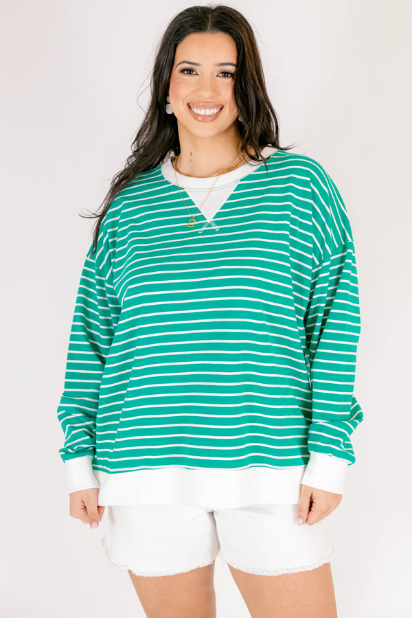 Chic Soul plus size clothing, green and white horizontal stripe pullover