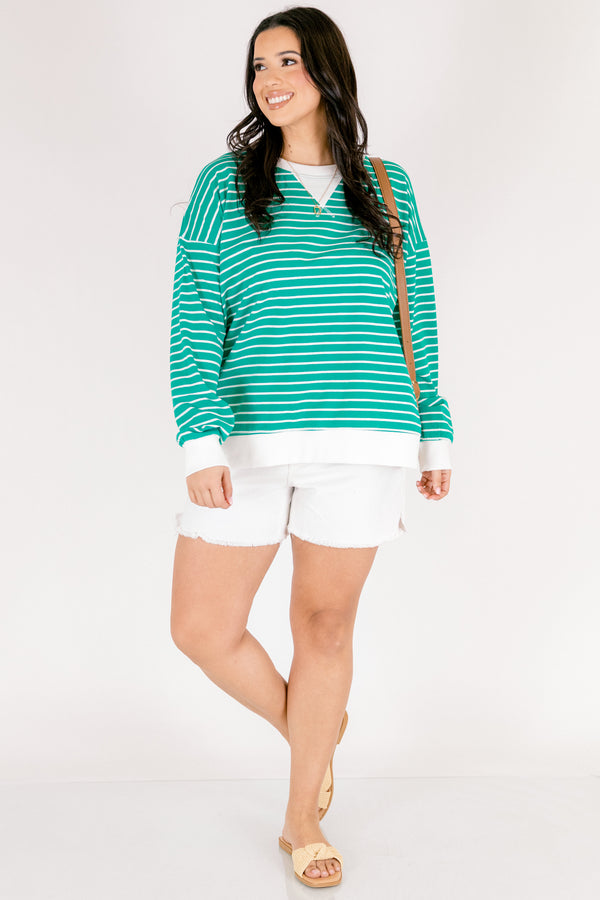Chic Soul plus size clothing, green and white horizontal stripe pullover