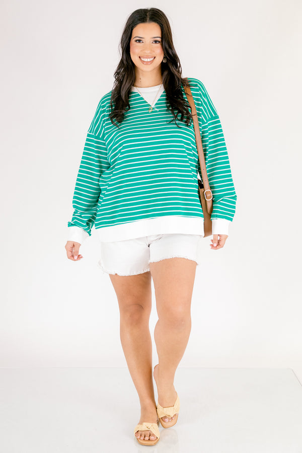 Chic Soul plus size clothing, green and white horizontal stripe pullover