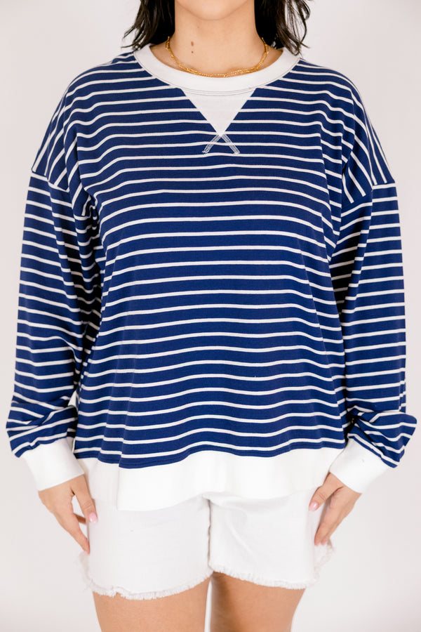 Chic soul plus size clothing, navy and white horizontal stripe long sleeve crew neck pullover