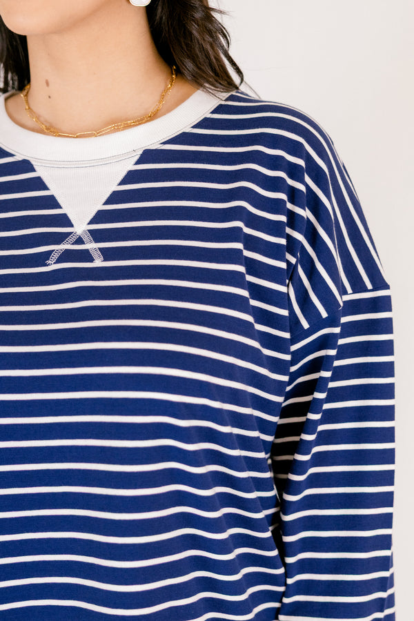 Chic soul plus size clothing, navy and white horizontal stripe long sleeve crew neck pullover