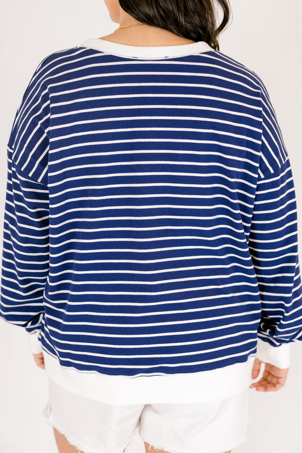 Chic soul plus size clothing, navy and white horizontal stripe long sleeve crew neck pullover