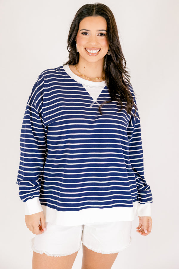 Chic soul plus size clothing, navy and white horizontal stripe long sleeve crew neck pullover