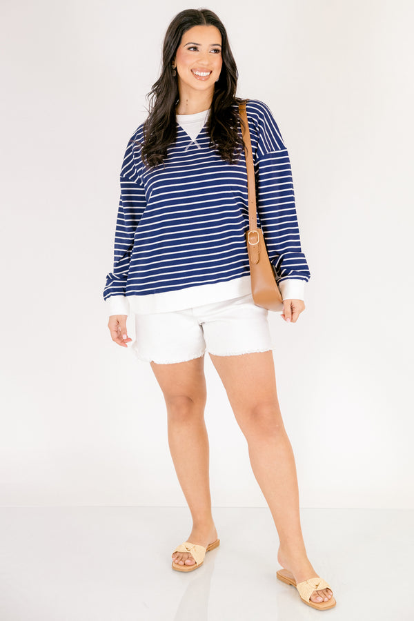 Chic soul plus size clothing, navy and white horizontal stripe long sleeve crew neck pullover