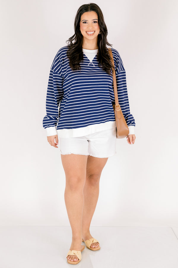 Chic soul plus size clothing, navy and white horizontal stripe long sleeve crew neck pullover