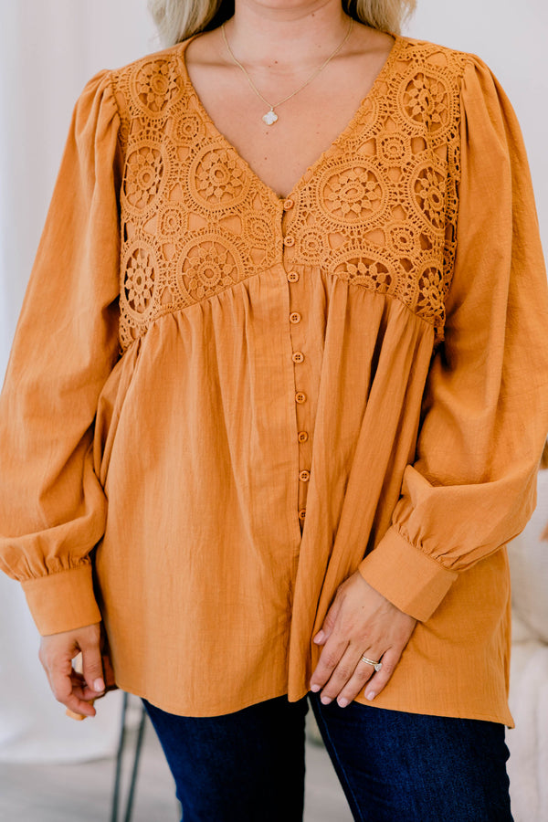 Chic Soul plus size clothing, long sleeve orange top with cuffed bubble sleeves with v neckline and textured geometric design along chest with button up detail down the front