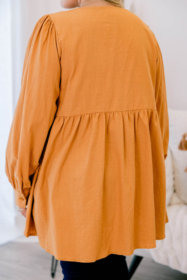 Chic Soul plus size clothing, long sleeve orange top with cuffed bubble sleeves with v neckline and textured geometric design along chest with button up detail down the front