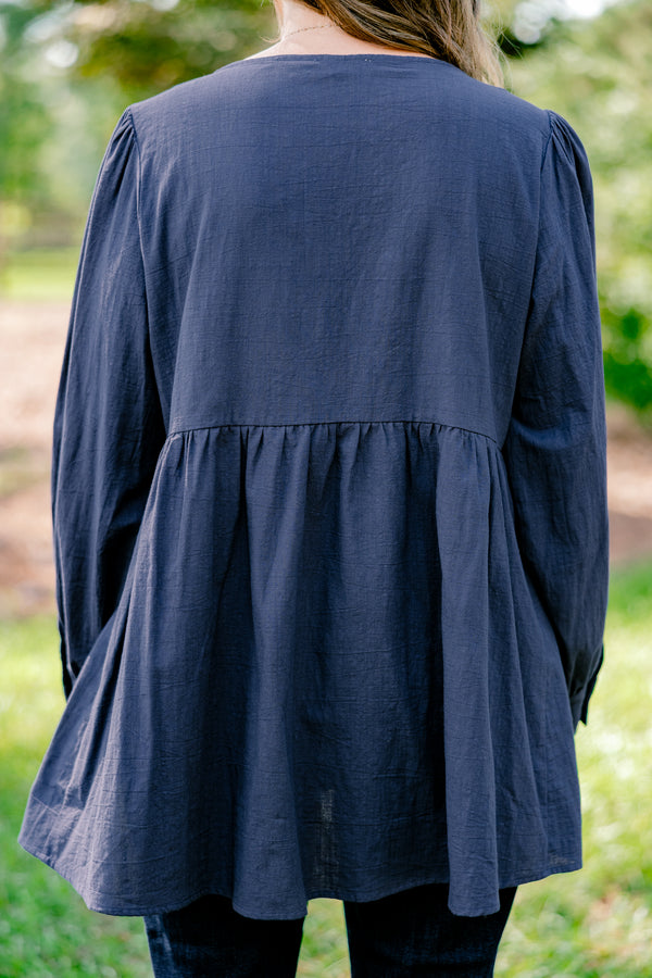 Chic Soul plus size clothing, blue long sleeve button-up top with a woven geometric pattern on the chest 