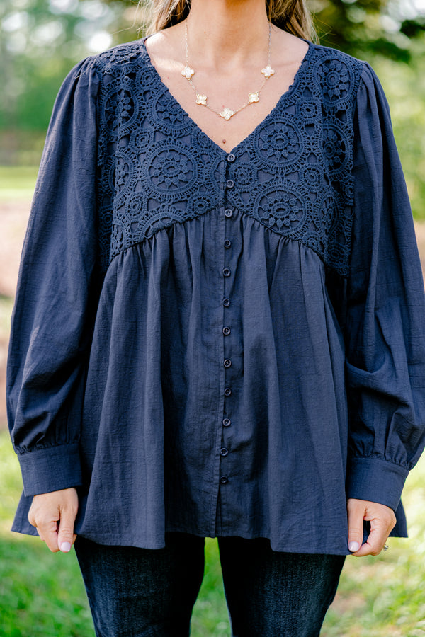 Chic Soul plus size clothing, blue long sleeve button-up top with a woven geometric pattern on the chest 