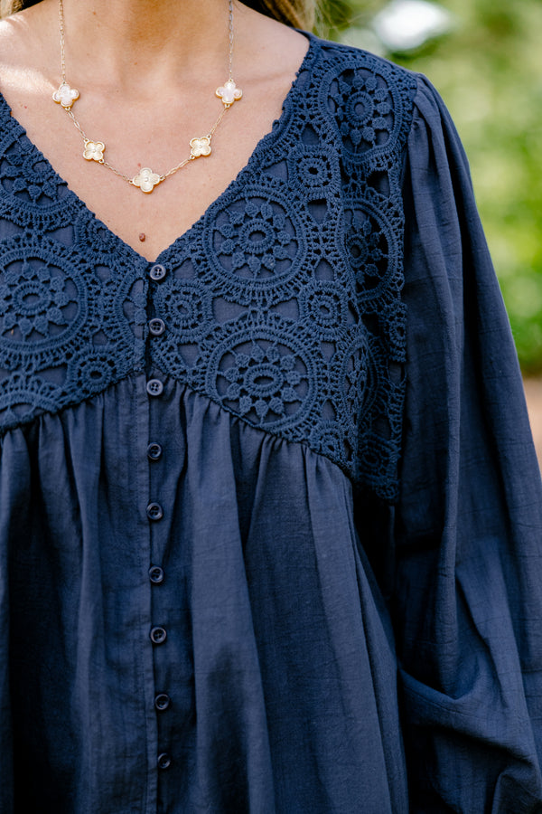 Chic Soul plus size clothing, blue long sleeve button-up top with a woven geometric pattern on the chest 