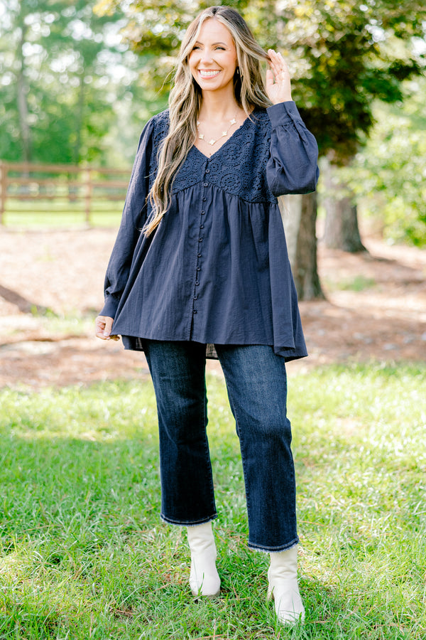 Chic Soul plus size clothing, blue long sleeve button-up top with a woven geometric pattern on the chest 