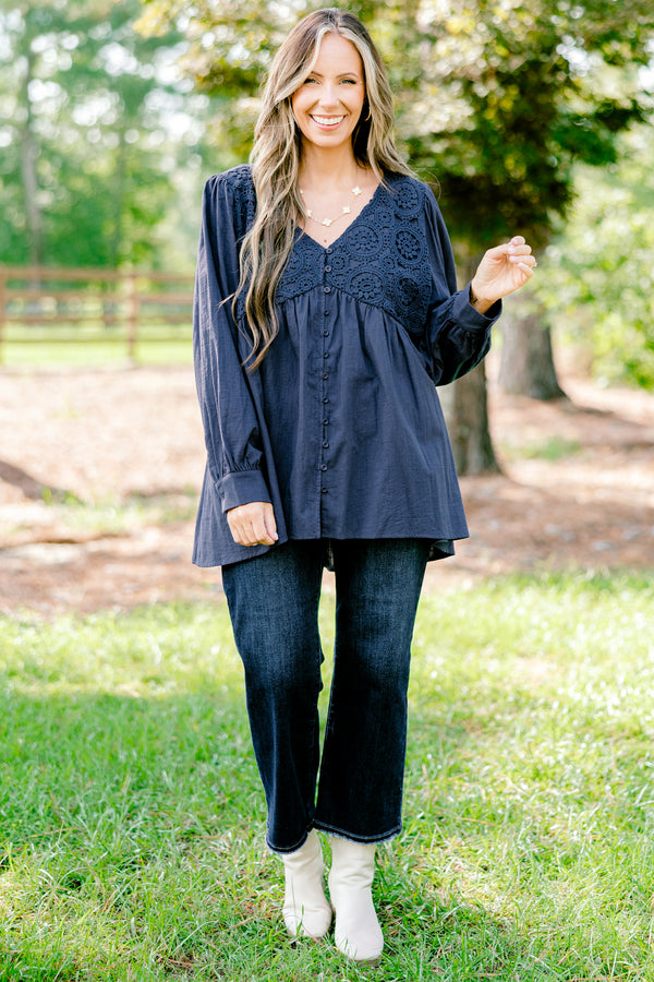 Chic Soul plus size clothing, blue long sleeve button-up top with a woven geometric pattern on the chest 