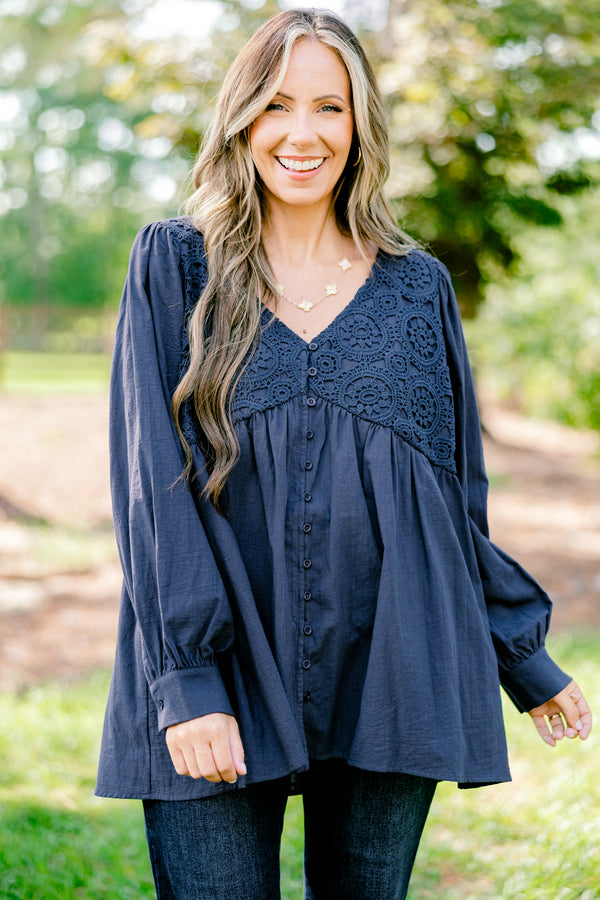 Chic Soul plus size clothing, blue long sleeve button-up top with a woven geometric pattern on the chest 