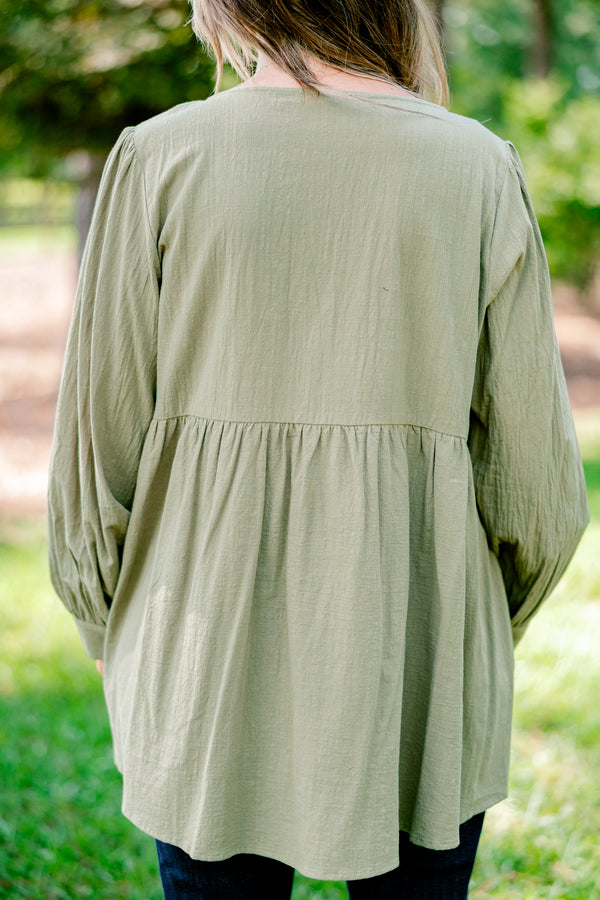 Chic Soul plus size clothing, olive green long sleeve button up blouse with embroidery detailing on the chest 