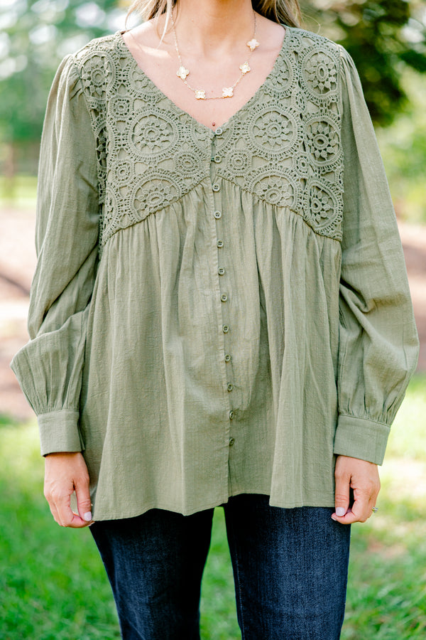 Chic Soul plus size clothing, olive green long sleeve button up blouse with embroidery detailing on the chest 