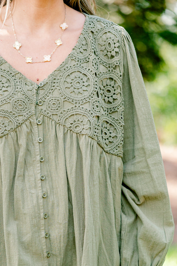 Chic Soul plus size clothing, olive green long sleeve button up blouse with embroidery detailing on the chest 