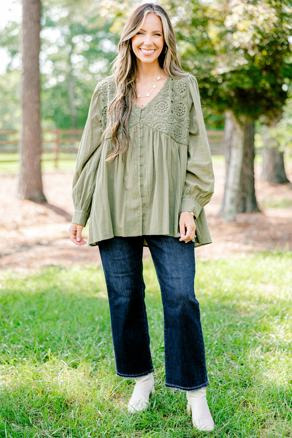 Chic Soul plus size clothing, olive green long sleeve button up blouse with embroidery detailing on the chest 