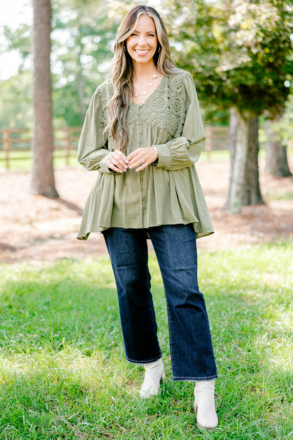 Chic Soul plus size clothing, olive green long sleeve button up blouse with embroidery detailing on the chest 