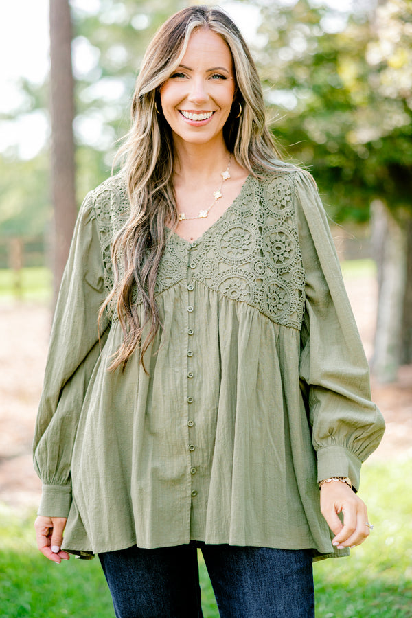 Chic Soul plus size clothing, olive green long sleeve button up blouse with embroidery detailing on the chest 