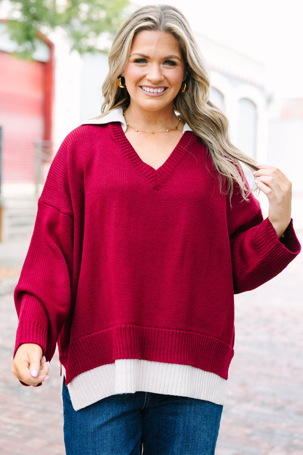 Plus Size dark burgundy v-neck sweater with a faux-layered white collar and hem in a relaxed fit.