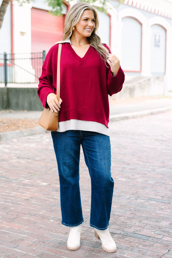 Plus Size dark burgundy v-neck sweater with a faux-layered white collar and hem in a relaxed fit.